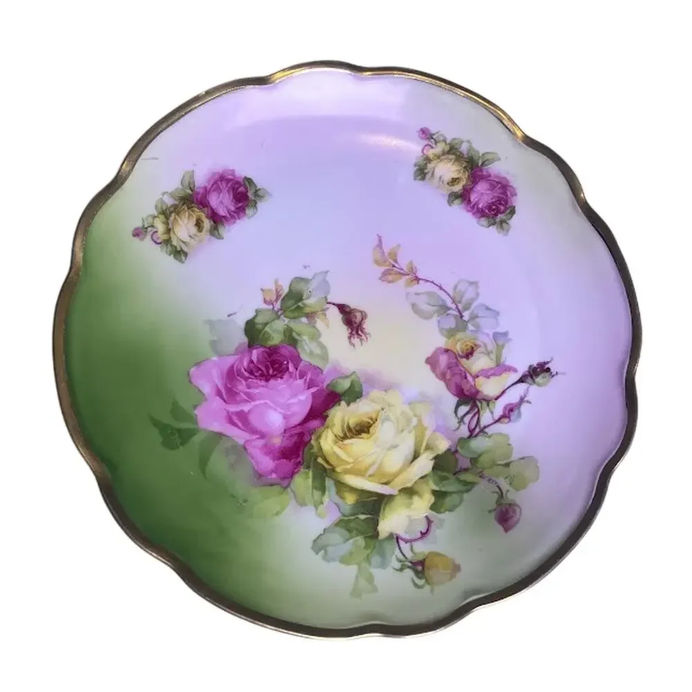 Antique Prince Regent Bavaria Rose Plate Floral Gold Trim Scalloped 8.75”